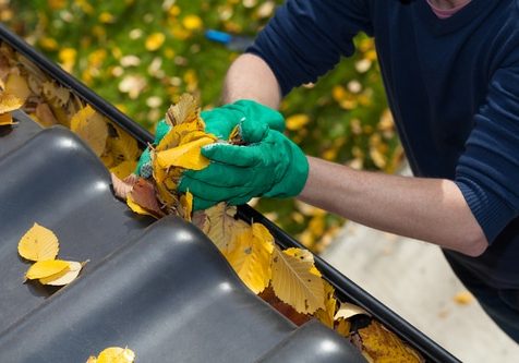 Cleaning the rain gutter during autumn