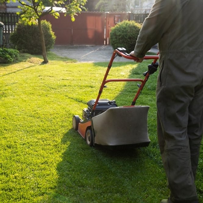 Mowing the grass with a lawn mower.
