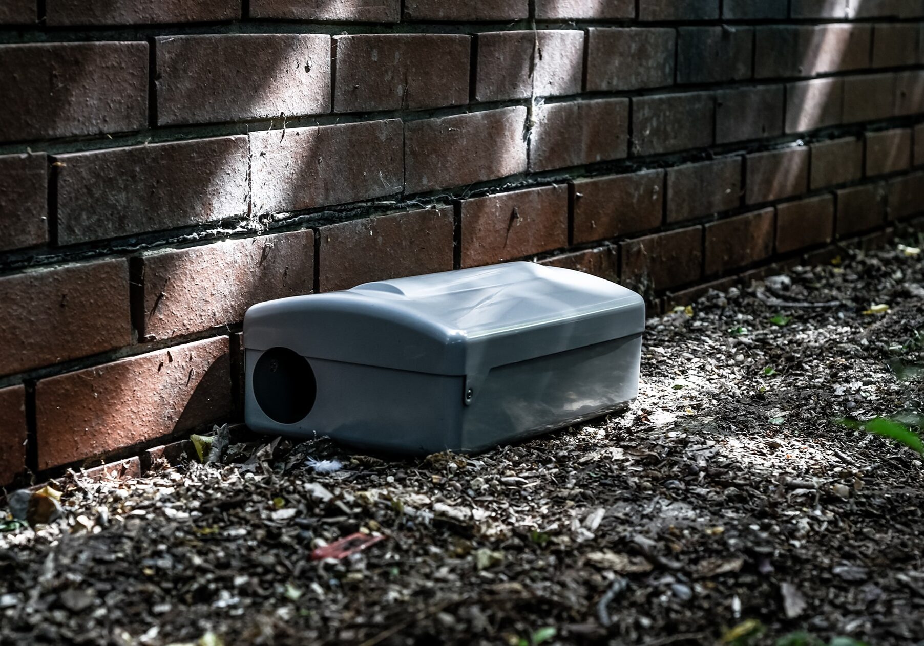 Grey Metal external rodent rat bait station outside against a brick wall close up.