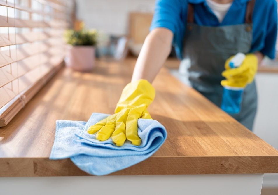 cleaning home and wiping with microfiber cloth in kitchen room at home cleaning home and wiping with microfiber cloth in kitchen room at home