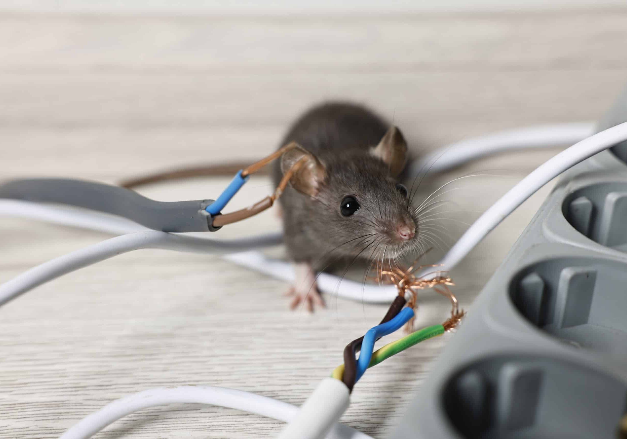 Rat near chewed electric wires on floor indoors