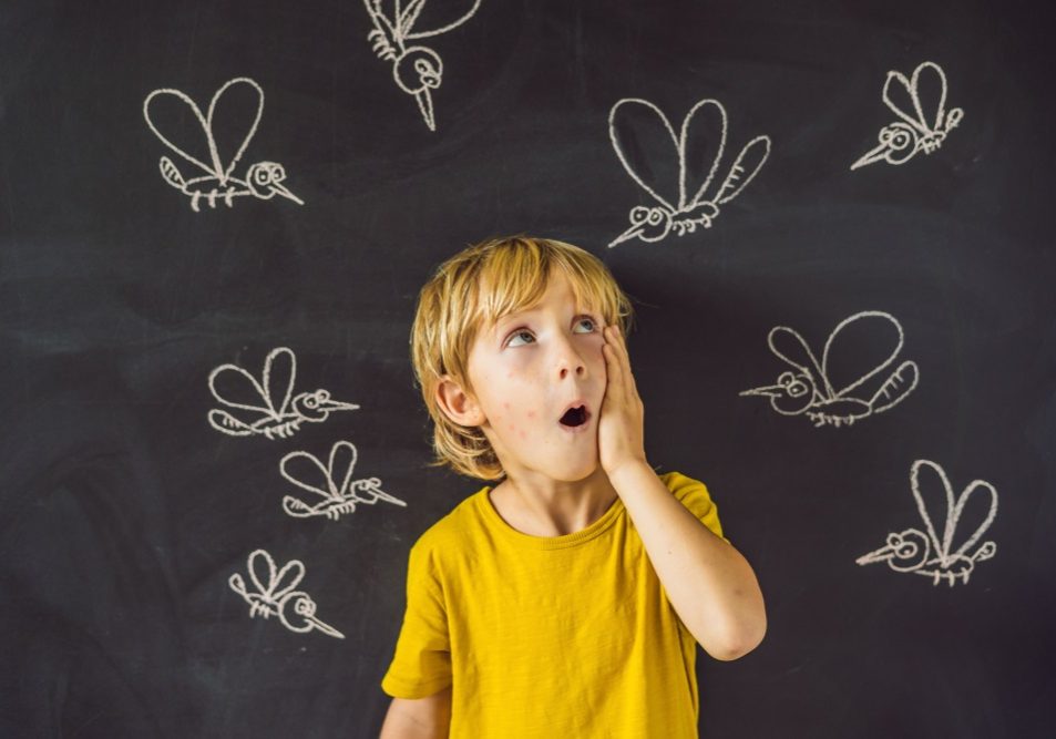boy is bitten by mosquitoes on a dark background with chalk painted mosquitoes