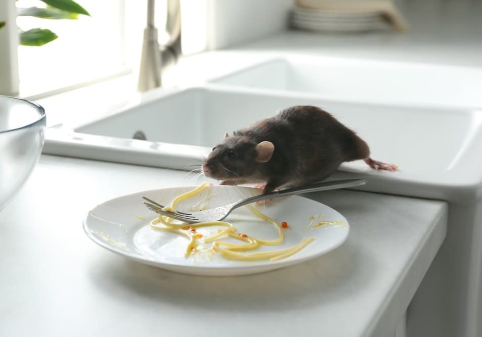 Rat,Near,Dirty,Plate,On,Kitchen,Counter.,Pest,Control Rat near dirty plate on kitchen counter