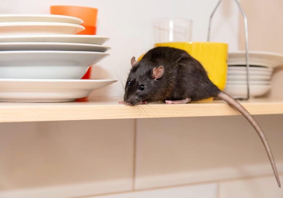 Rat crawls in the kitchen on dishes and looking for food. Rat crawls in the kitchen on dishes and looking for food.