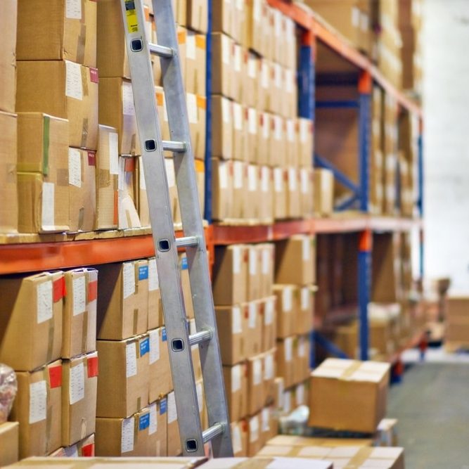 Boxes,,Ladder,And,Shelves,With,Inventory,At,Warehouse,For,Distribution, Boxes, ladder and shelves with inventory at warehouse